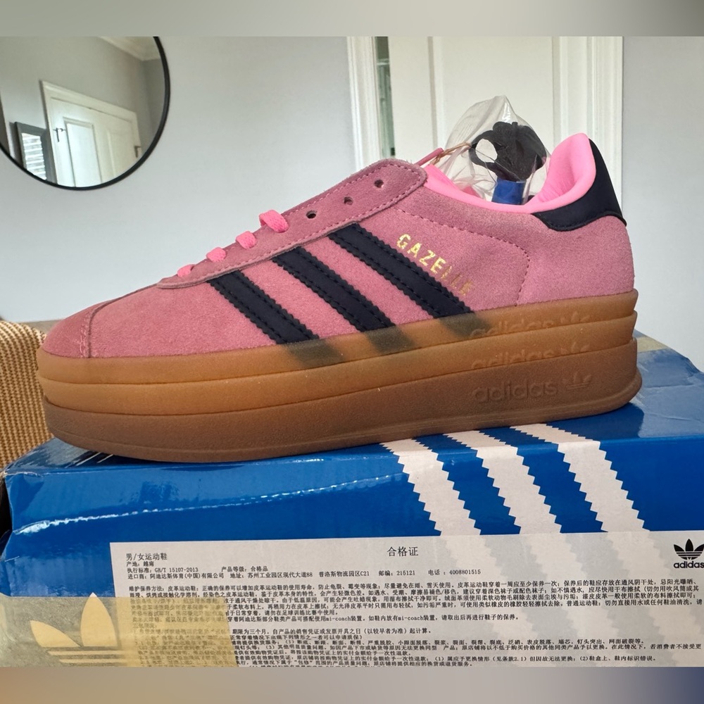 adidas Gazelle Platform Sneakers in Pink with Black Stripes and Gum Sole